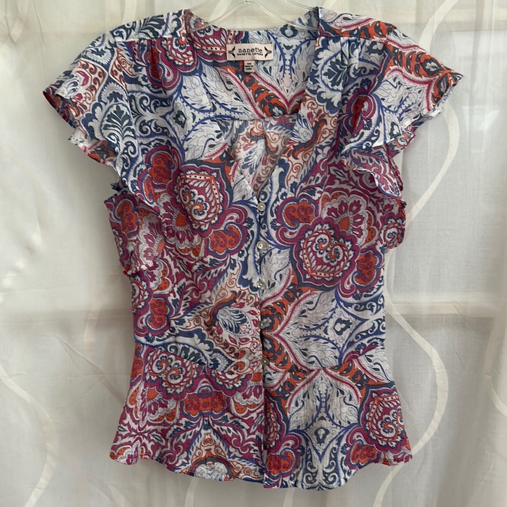 Nanette Lepore Blue & Pink Print, Flutter sleeve, V Neck, Button Down Top, XS